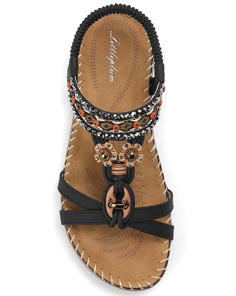 Ivy Sandali Boho Donna – T-Strap, Pietre Decorative, Plantare Imbottito e Suola TPR