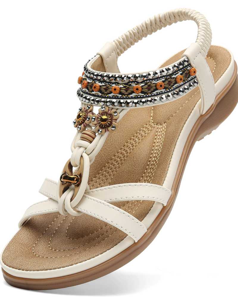 Sandales Ivy Boho Femme – Bride en T, Bijoux, Semelle Intérieure Rembourrée et Semelle TPR