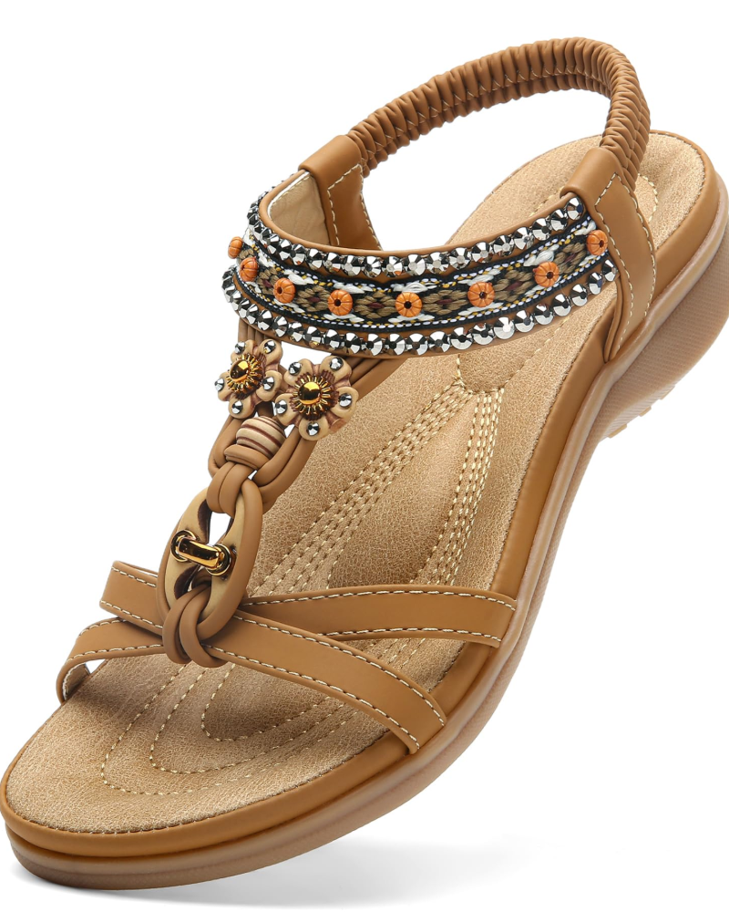 Sandales Ivy Boho Femme – Bride en T, Bijoux, Semelle Intérieure Rembourrée et Semelle TPR