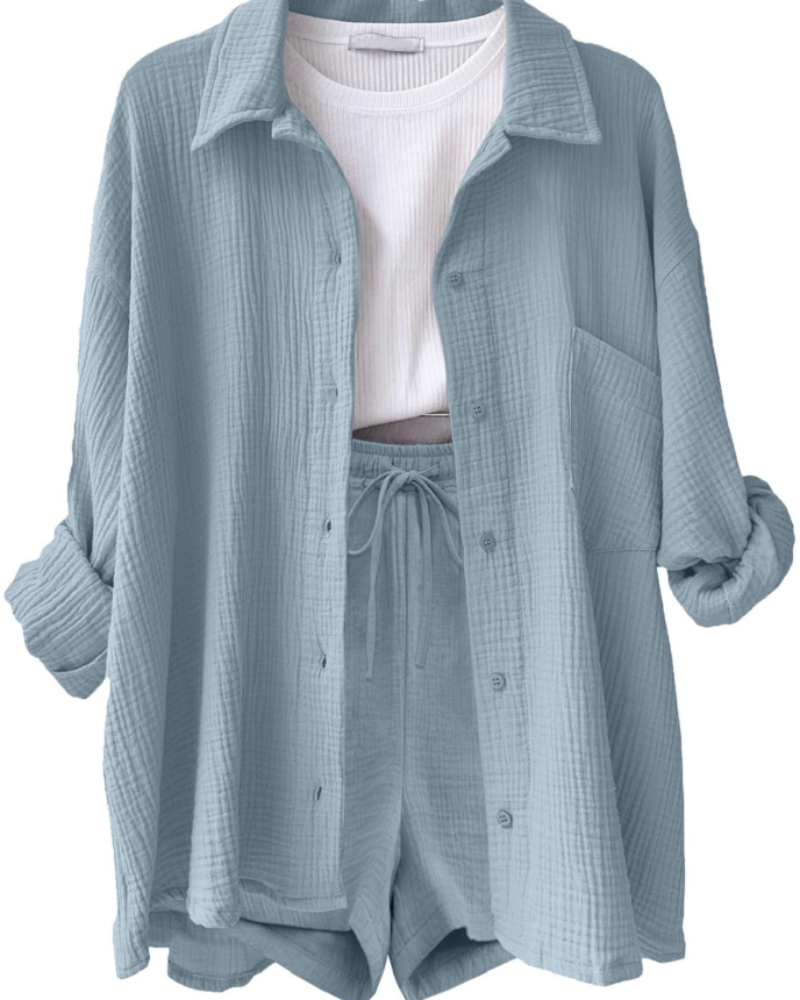 Lena Conjunto Co-Ord Mujer – Camisa Algodón Lino, Shorts con Cordón y Bolsillos
