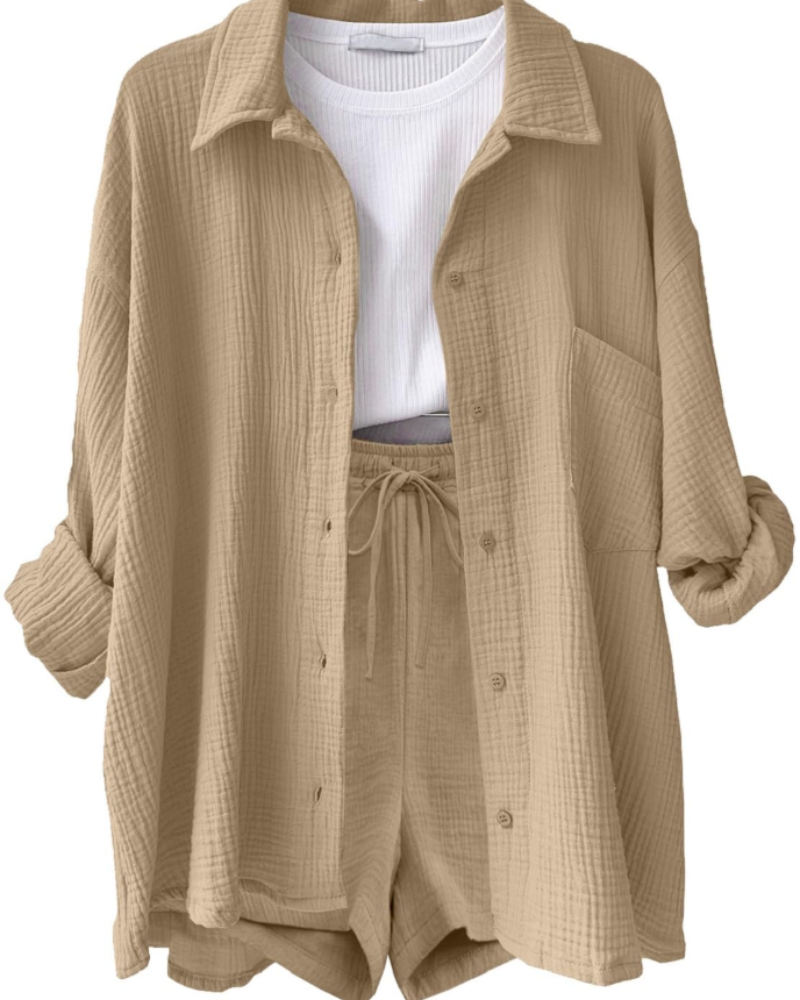 Lena Conjunto Co-Ord Mujer – Camisa Algodón Lino, Shorts con Cordón y Bolsillos