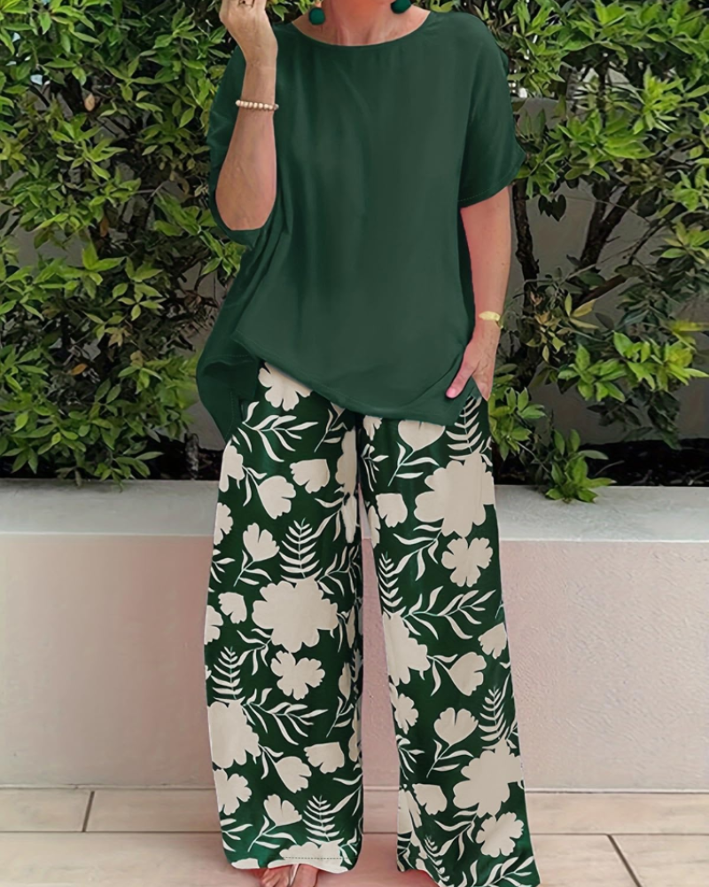 Paige Conjunto Mujer – Set Floral Dos Piezas con Top Manga Corta y Pantalón