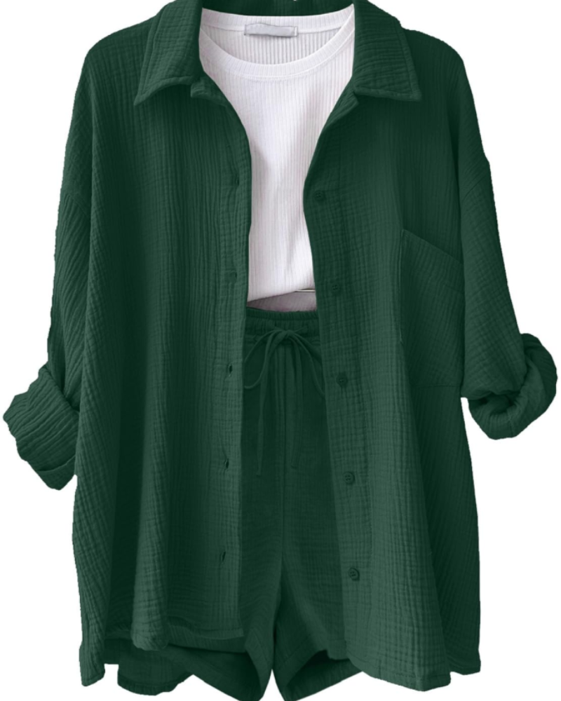Lena Conjunto Co-Ord Mujer – Camisa Algodón Lino, Shorts con Cordón y Bolsillos
