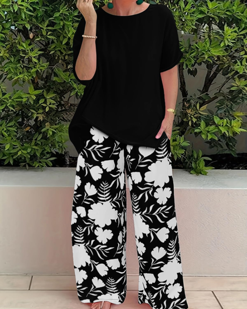 Paige Conjunto Mujer – Set Floral Dos Piezas con Top Manga Corta y Pantalón