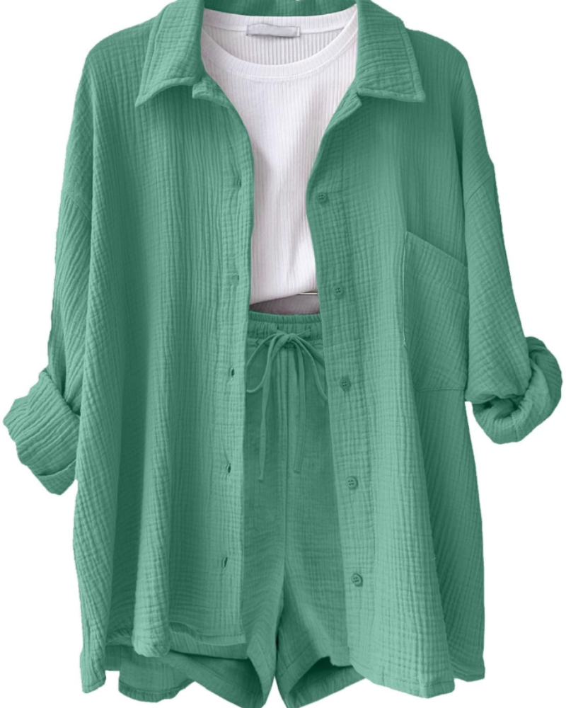 Lena Conjunto Co-Ord Mujer – Camisa Algodón Lino, Shorts con Cordón y Bolsillos