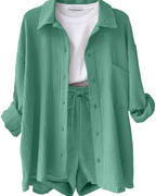 Lena Conjunto Co-Ord Mujer – Camisa Algodón Lino, Shorts con Cordón y Bolsillos