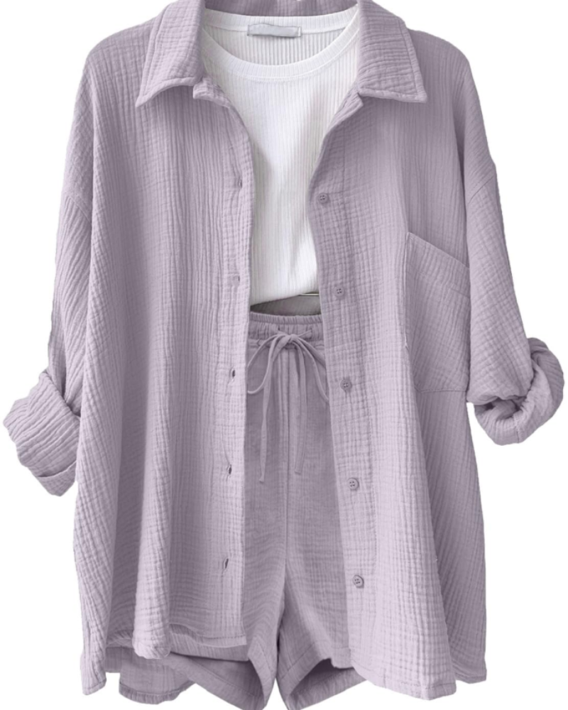 Lena Conjunto Co-Ord Mujer – Camisa Algodón Lino, Shorts con Cordón y Bolsillos