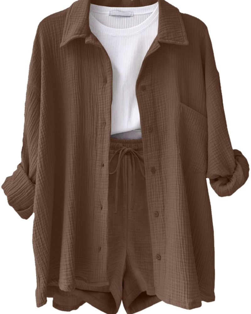 Lena Conjunto Co-Ord Mujer – Camisa Algodón Lino, Shorts con Cordón y Bolsillos