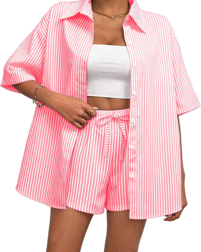 Isabelle Conjunto Mujer – Set Rayas Verano con Camisa, Shorts y Cintura Ajustable