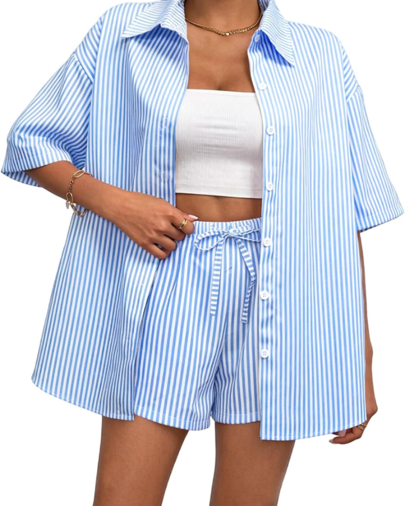 Isabelle Conjunto Mujer – Set Rayas Verano con Camisa, Shorts y Cintura Ajustable