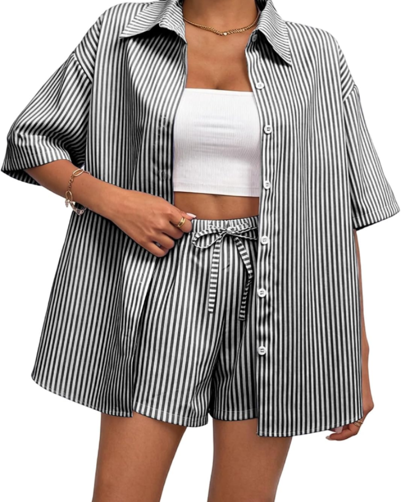 Isabelle Conjunto Mujer – Set Rayas Verano con Camisa, Shorts y Cintura Ajustable
