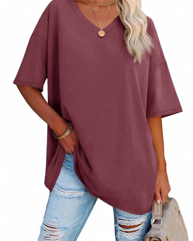 Scarlett Camiseta Oversize Mujer – Cuello en V, Mezcla Algodón y Corte Relajado