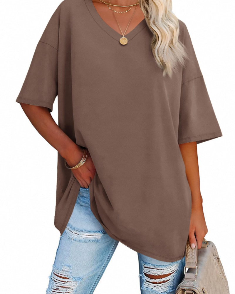 Scarlett Camiseta Oversize Mujer – Cuello en V, Mezcla Algodón y Corte Relajado