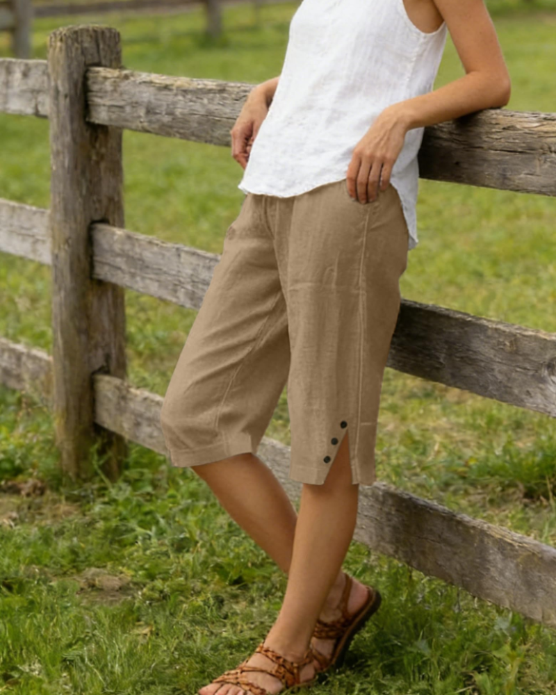 Naomi Shorts Capri Mujer – Lino Algodón, Cintura Alta Ajustable y Bolsillos