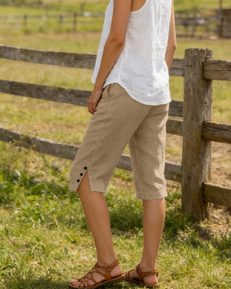 Naomi Shorts Capri Mujer – Lino Algodón, Cintura Alta Ajustable y Bolsillos