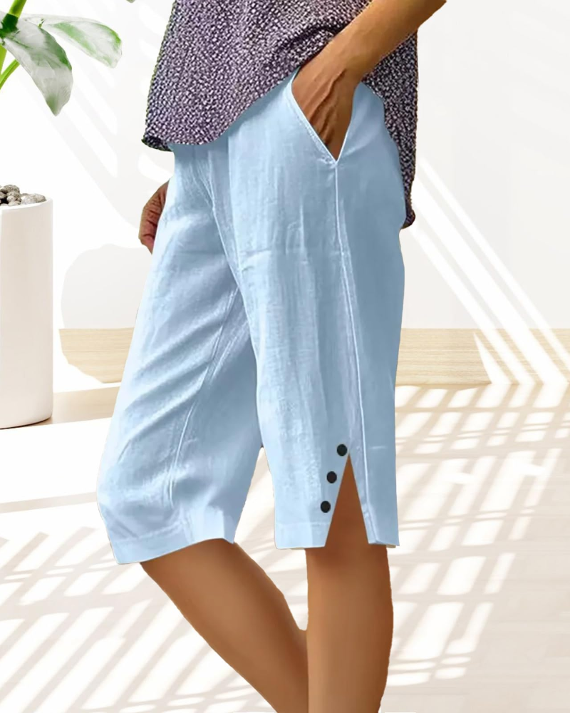 Naomi Shorts Capri Mujer – Lino Algodón, Cintura Alta Ajustable y Bolsillos