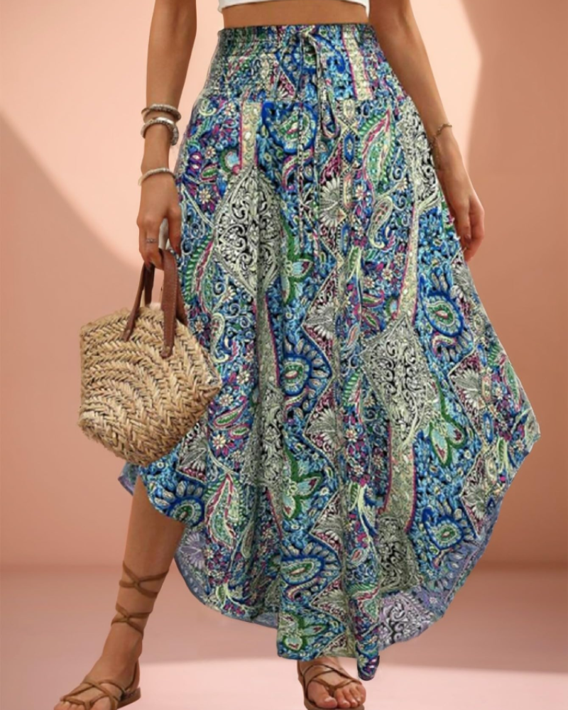 Elena Falda Midi Mujer – Estampado Floral Plisado, Cintura Alta y Corte Fluido