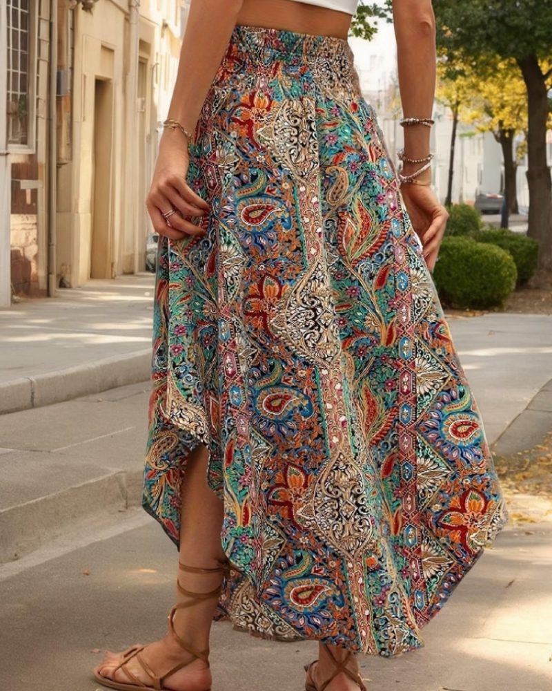 Elena Falda Midi Mujer – Estampado Floral Plisado, Cintura Alta y Corte Fluido