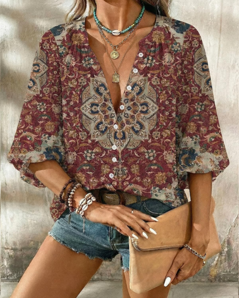 Julia Blusa Mujer – Escote en V, Manga 3/4 y Detalle de Botones Elegante