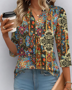 Isla Blusa Boho Mujer – Escote en V, Manga 3/4, Pliegues y Tejido Ligero