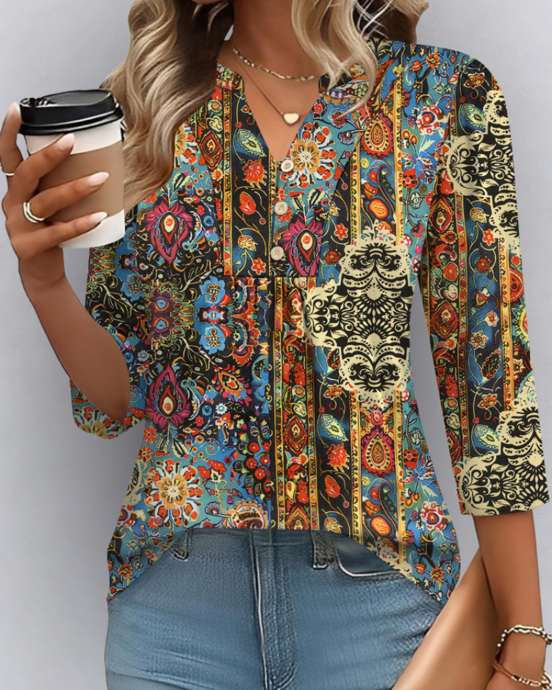 Isla Blusa Boho Mujer – Escote en V, Manga 3/4, Pliegues y Tejido Ligero