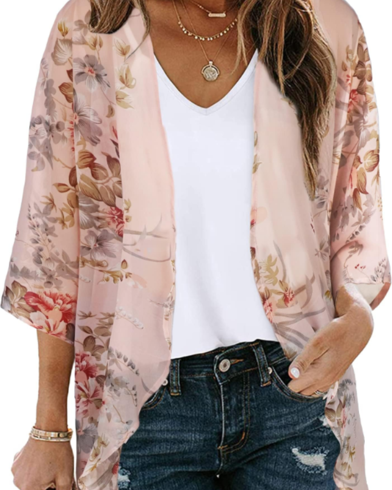 Cardigan Kimono Lauren Boho Donna – Chiffon Floreale, Aperto sul Davanti e Manica 3/4