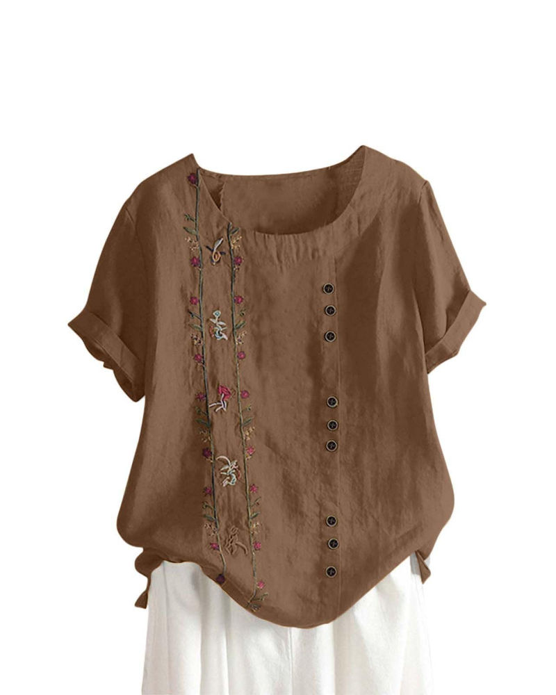 Brooke Blouse Lin Femme – Mélange Coton Lin, Imprimé Floral et Manches Courtes