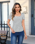 Marissa Camiseta Rayas Mujer – Cuello Cuadrado, Manga Corta y Tejido Canalé