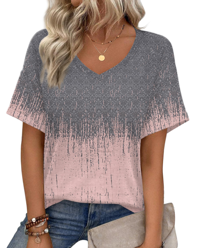 Mabel Top Túnica Mujer – Cuello en V, Manga Corta, Estampado y Tejido Elástico