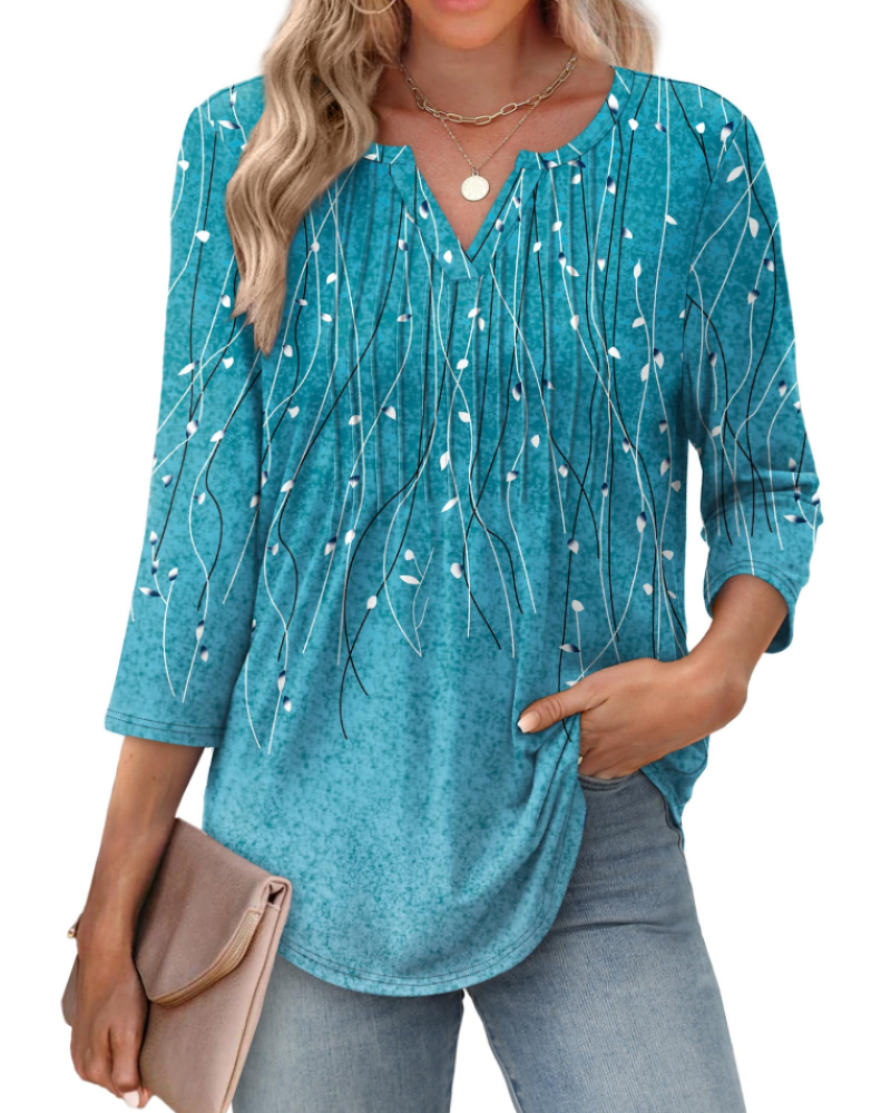 Aubrey Blusa Mujer – Escote en V, Manga 3/4, Pliegues y Tejido Ligero