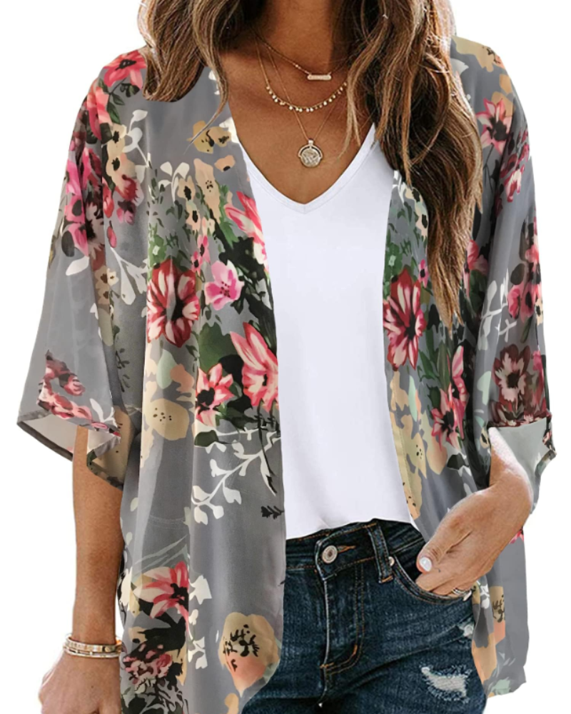 Cardigan Kimono Lauren Boho Donna – Chiffon Floreale, Aperto sul Davanti e Manica 3/4
