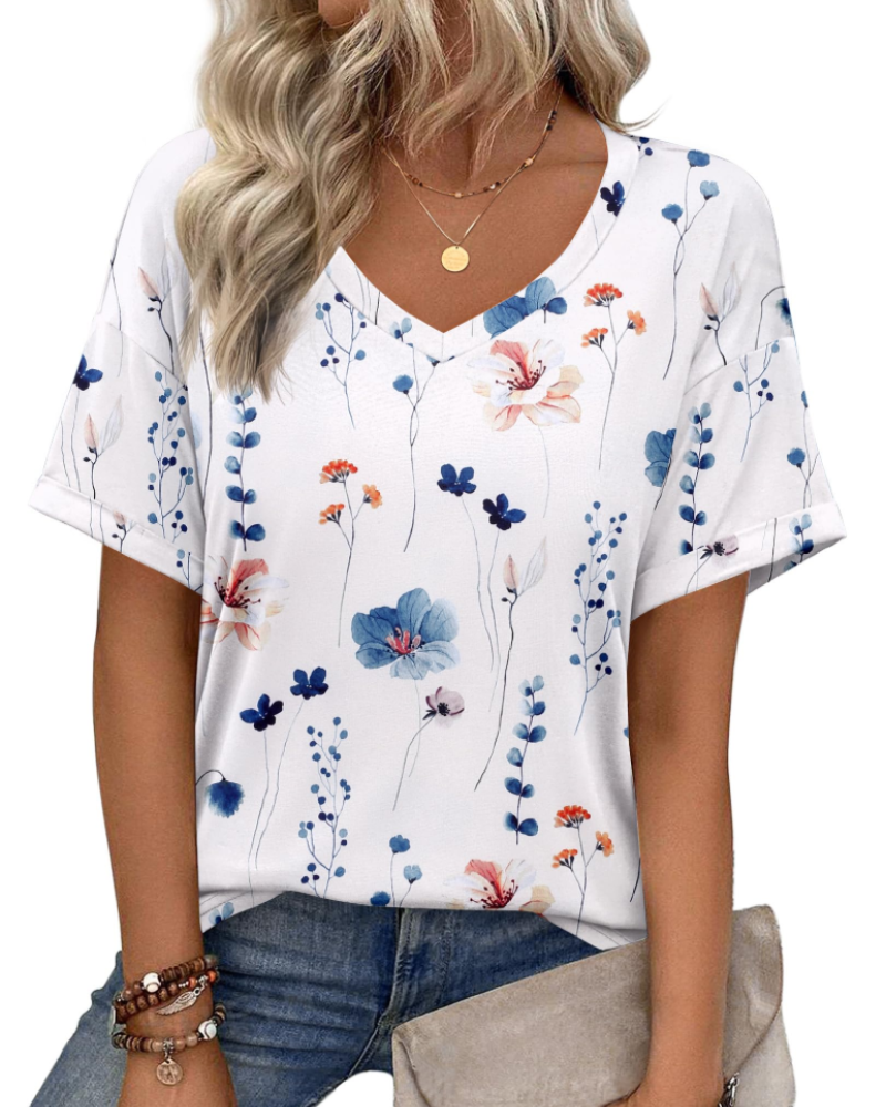 Mabel Top Túnica Mujer – Cuello en V, Manga Corta, Estampado y Tejido Elástico
