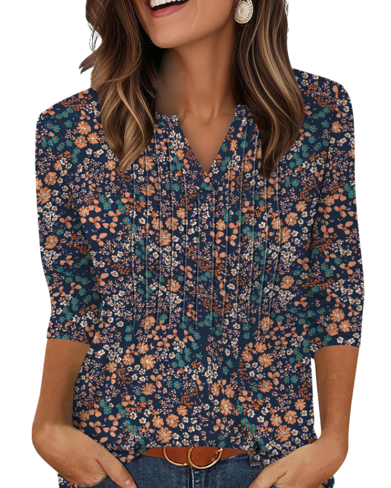 Aubrey Blusa Mujer – Escote en V, Manga 3/4, Pliegues y Tejido Ligero