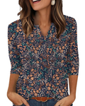 Aubrey Blusa Mujer – Escote en V, Manga 3/4, Pliegues y Tejido Ligero