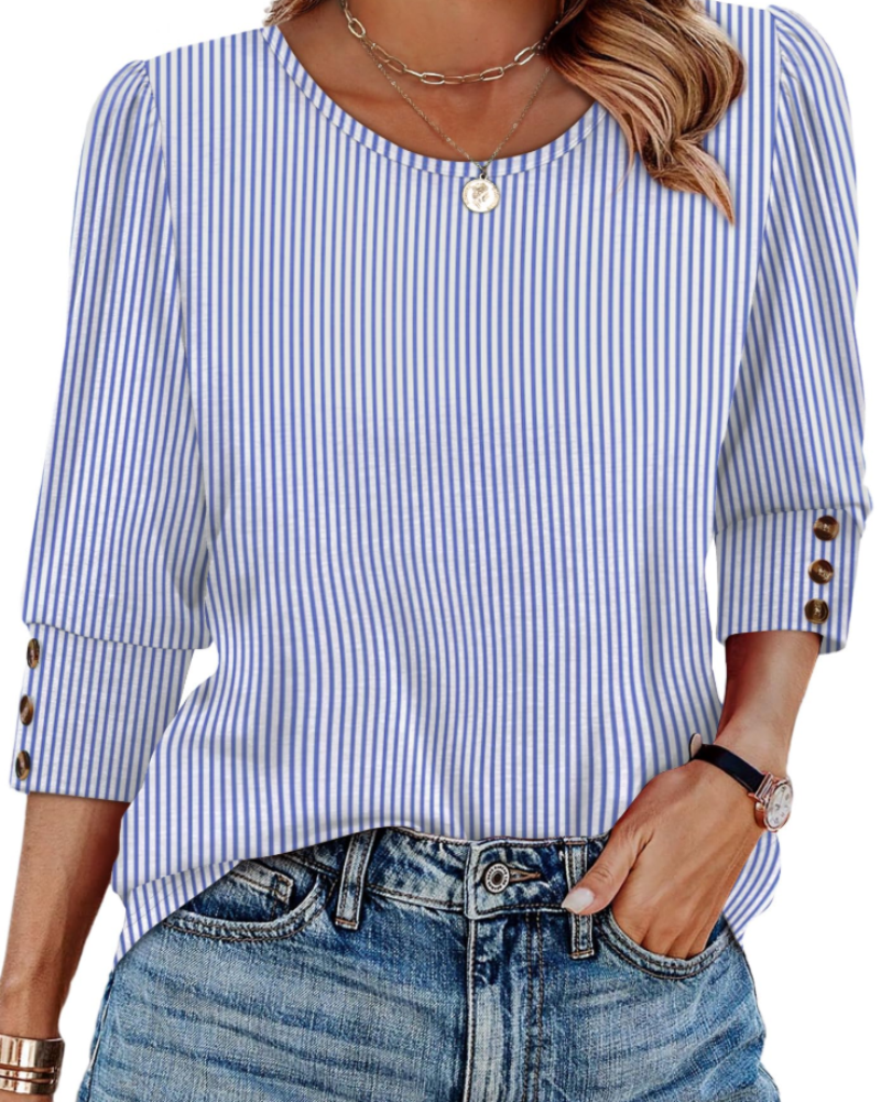 Bella Blusa Mujer – Botones Frontales, Manga 3/4 y Tejido Ligero Suave