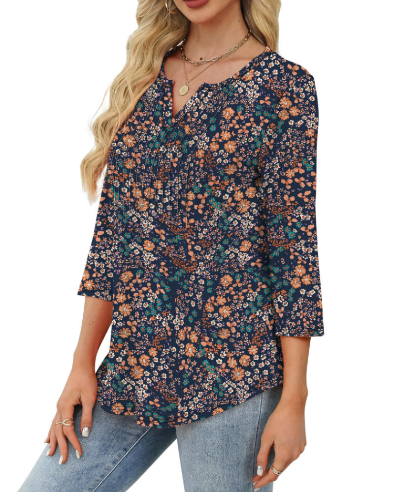 Aubrey Blusa Mujer – Escote en V, Manga 3/4, Pliegues y Tejido Ligero
