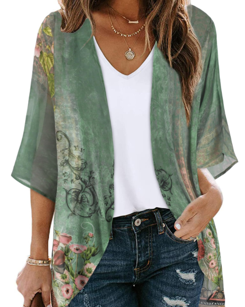 Cardigan Kimono Lauren Boho Donna – Chiffon Floreale, Aperto sul Davanti e Manica 3/4