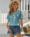 Mabel Top Túnica Mujer – Cuello en V, Manga Corta, Estampado y Tejido Elástico