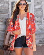 Lauren Kimono Cardigan Boho Mujer – Chifón Floral, Frente Abierto y Manga 3/4