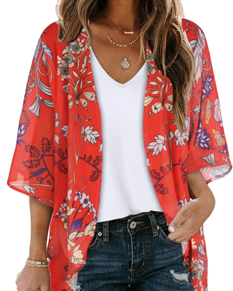 Lauren Kimono Cardigan Boho Mujer – Chifón Floral, Frente Abierto y Manga 3/4