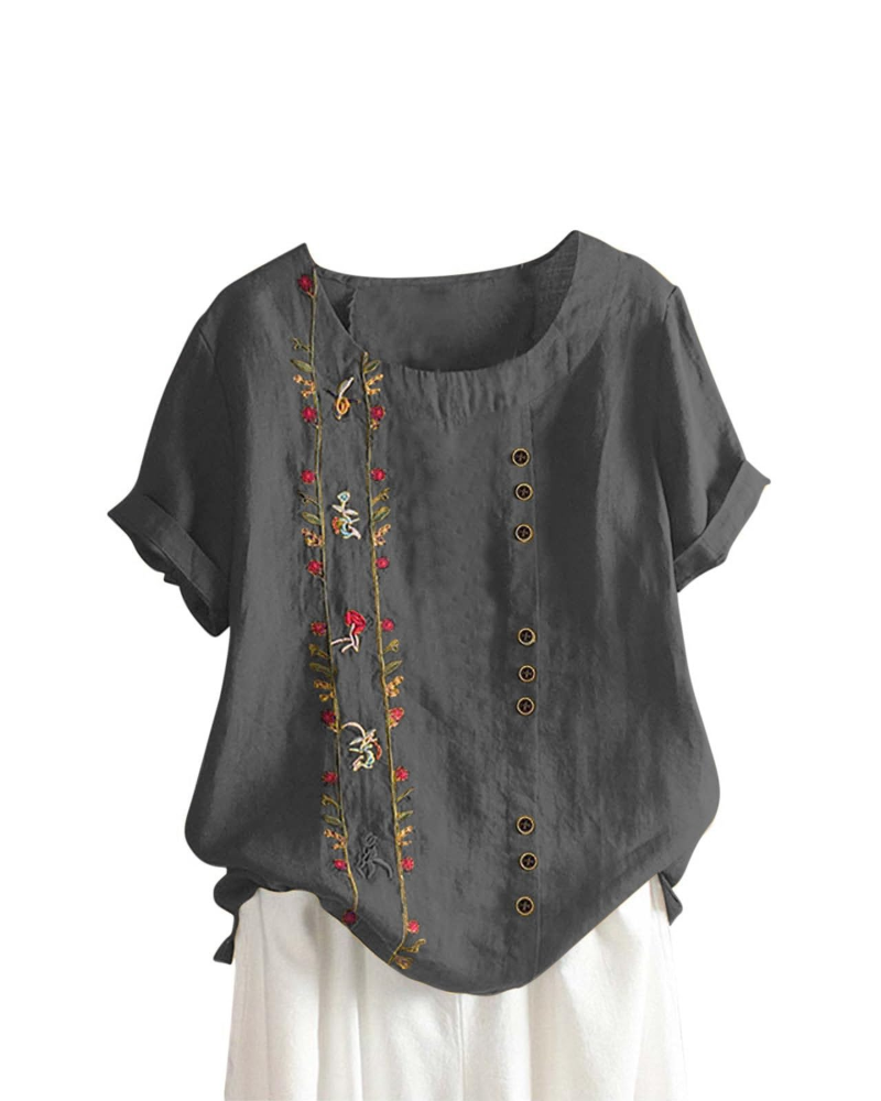 Brooke Blouse Lin Femme – Mélange Coton Lin, Imprimé Floral et Manches Courtes