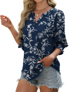 Audrey Blusa Mujer – Escote en V, Manga 3/4, Puños Fruncidos y Tejido Suave