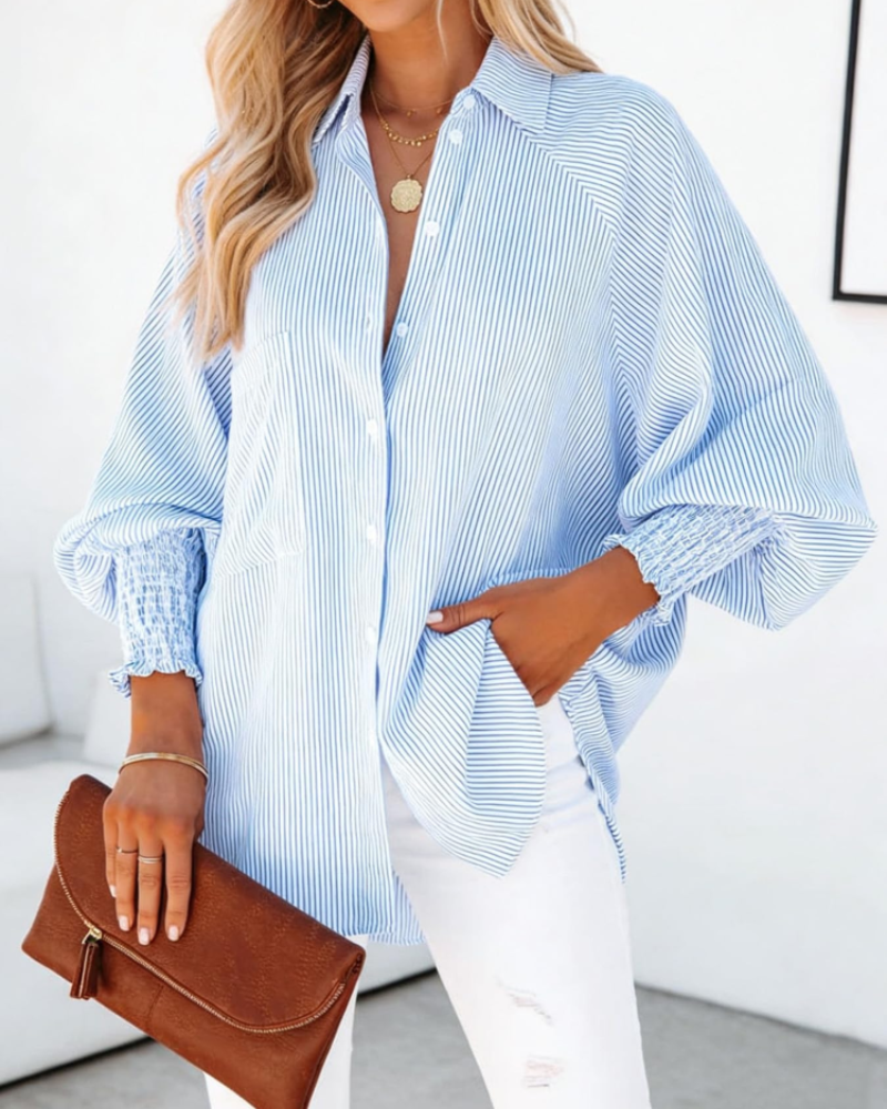 Megan Camisa Rayas Mujer – Blusa con Cuello Solapa, Manga Larga y Bolsillo