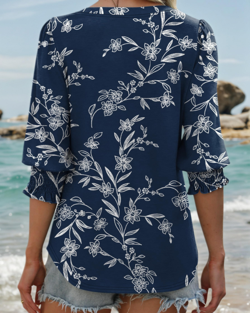 Gabrielle Blusa Mujer – Escote en V, Manga 3/4 y Puños Fruncidos Elegantes