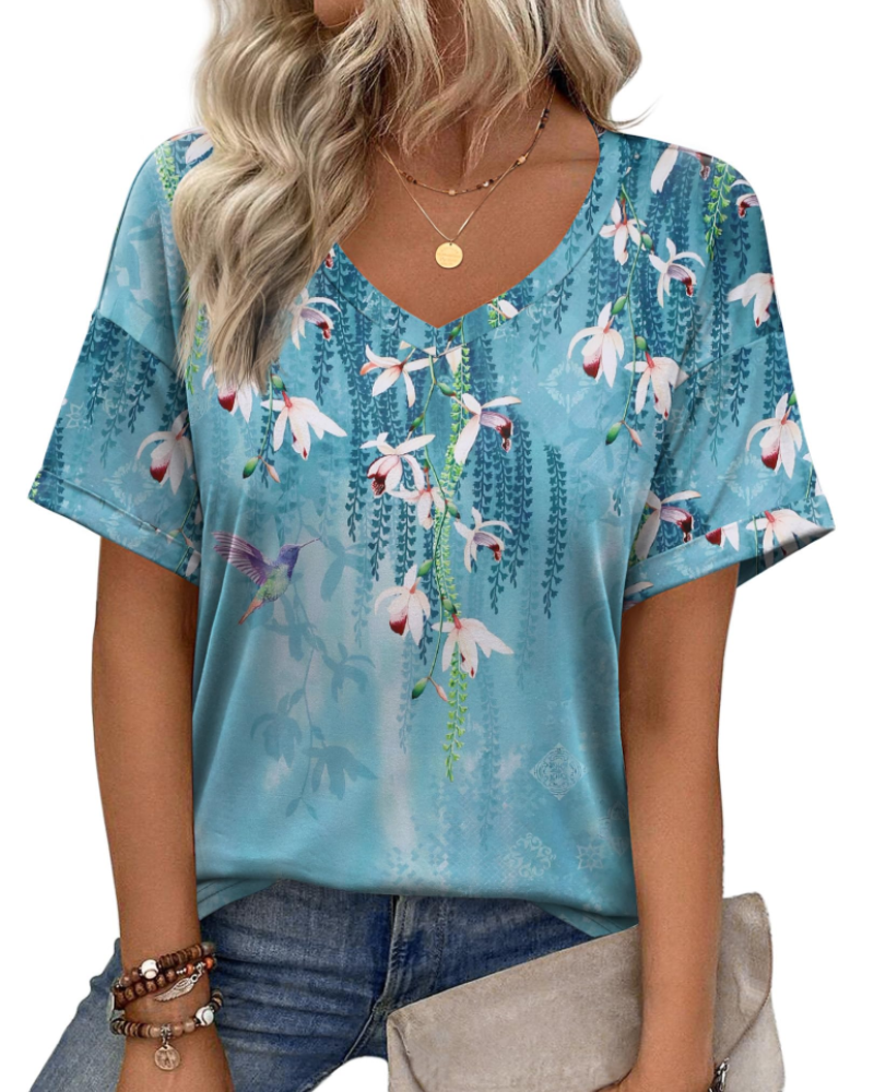 Mabel Top Túnica Mujer – Cuello en V, Manga Corta, Estampado y Tejido Elástico