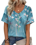 Mabel Top Túnica Mujer – Cuello en V, Manga Corta, Estampado y Tejido Elástico