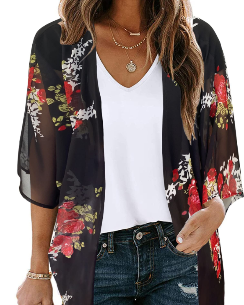 Cardigan Kimono Lauren Boho Donna – Chiffon Floreale, Aperto sul Davanti e Manica 3/4