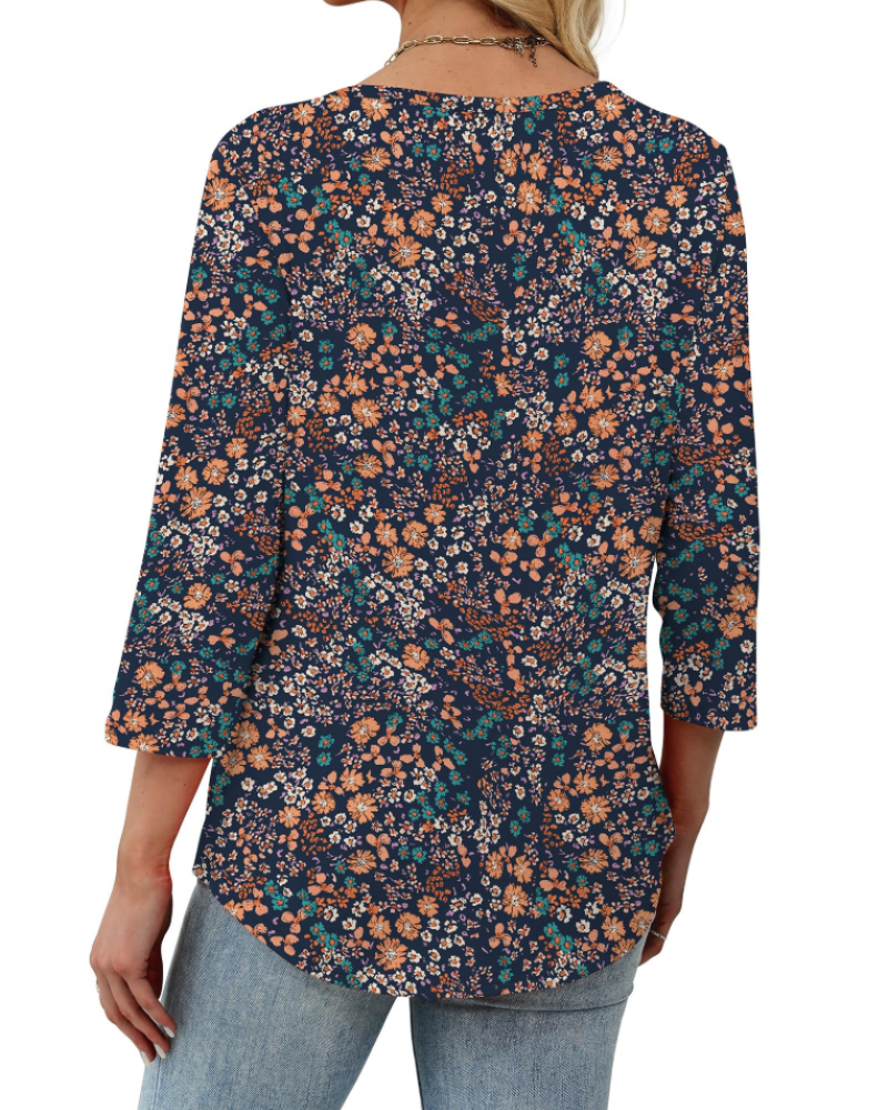 Aubrey Blusa Mujer – Escote en V, Manga 3/4, Pliegues y Tejido Ligero