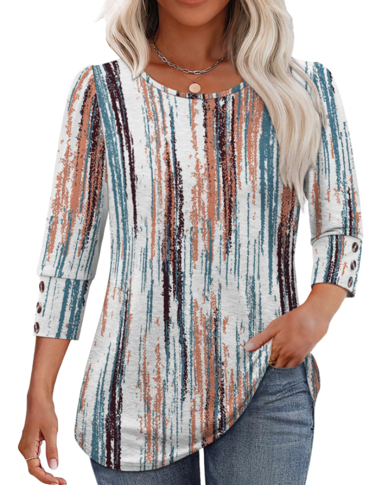 Bella Blusa Mujer – Botones Frontales, Manga 3/4 y Tejido Ligero Suave