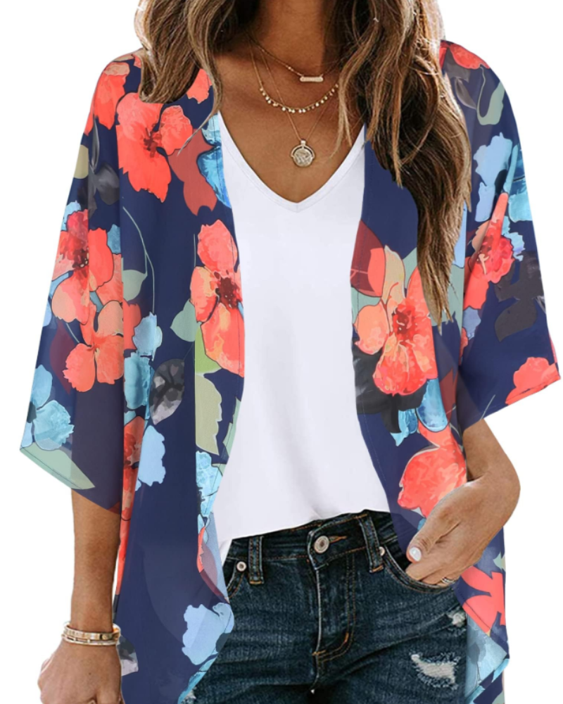 Cardigan Kimono Lauren Boho Donna – Chiffon Floreale, Aperto sul Davanti e Manica 3/4